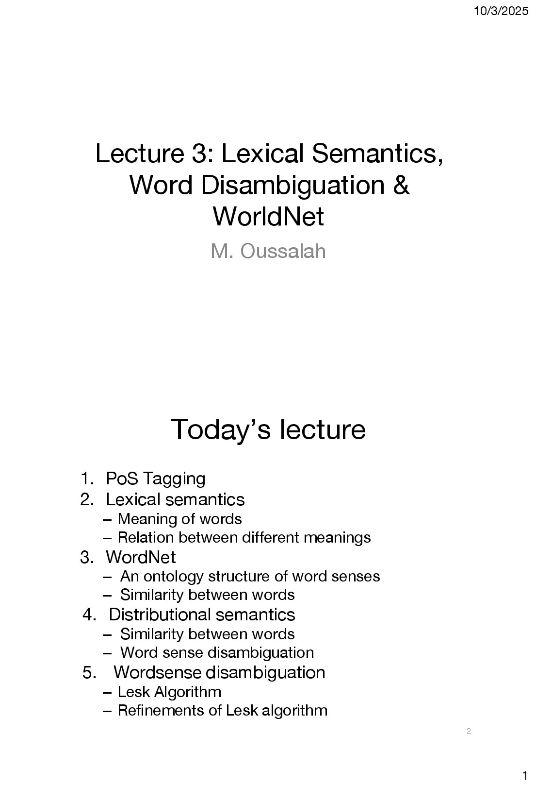 Lecture 3: Lexical Semantics, Word Disambiguation & WorldNet